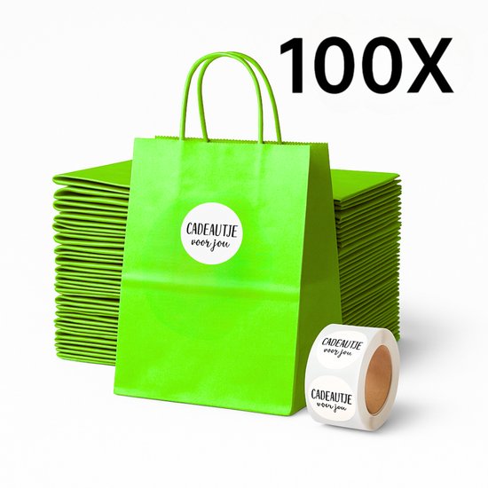 Sac en papier (S) - Vert citron - (avec Autocollants « Cadeau voor jou») - 100 pièces - 18 x 8 x 22 cm - Sacs en papier - Sac Kraft - Tassen - Sac cadeau - Papier Kraft Natron de haute qualité - Eco