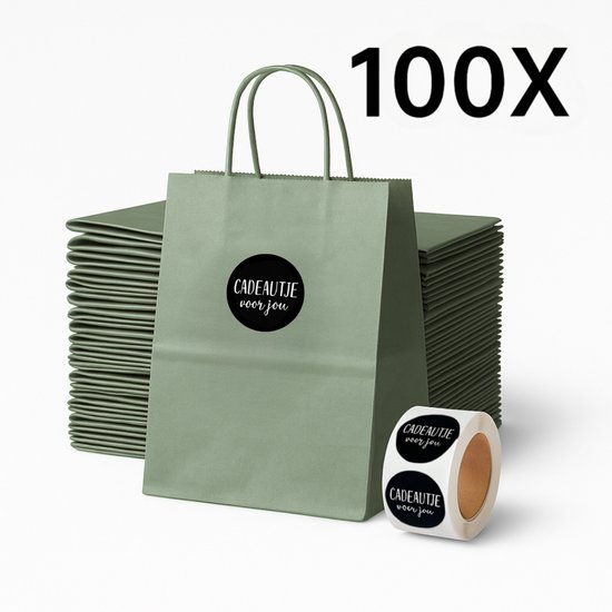 Papieren Draagtas (S) - Olijf Groen - (Inclusief Zwarte Stickers “Cadeautje voor jou”) - 100 Stuks - 18x8x22 cm - Papieren Tasjes - Kraft Tas - Tassen - Cadeau Tas - Hoogwaardig Natron Kraft Papier - Eco-vriendelijk