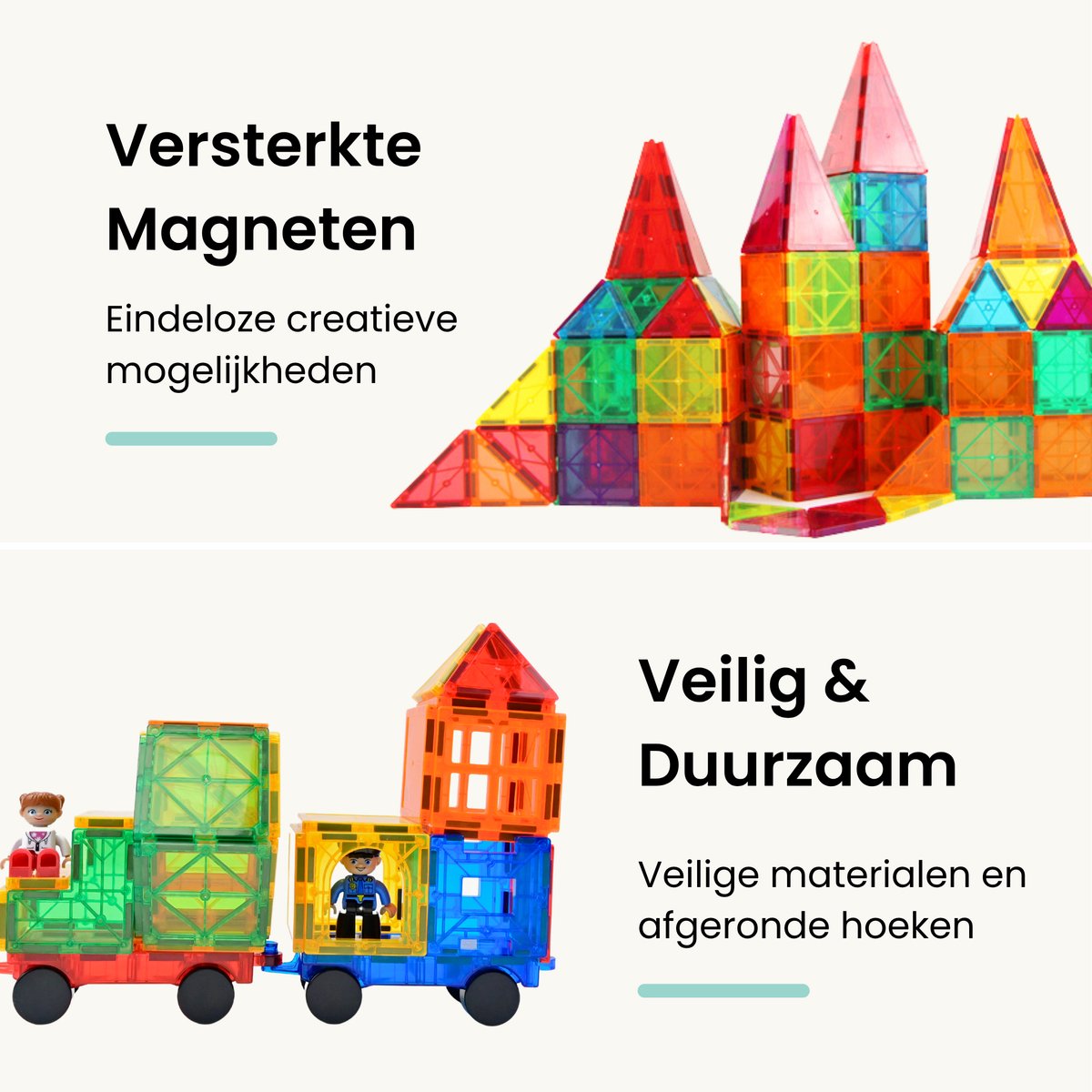 Kids4u Magnetic Tiles - Magnetisch Speelgoed - 125 Stuks Bouwset - 2 Minifiguren - Constructiespeelgoed - Montessori Speelgoed - Magnetische Tegels — cadeau in Spellen & Speelgoed - foto 5