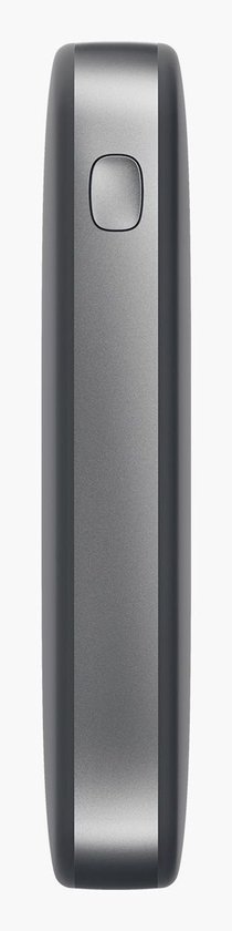 Zijkant van een donkergrijze powerbank met een centrale metalen strip en een inkeping.