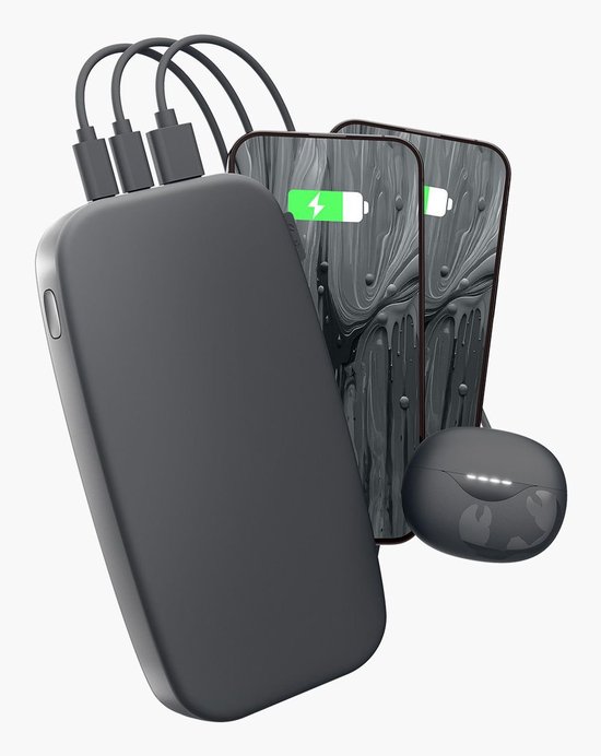 Donkergrijze powerbank laadt drie apparaten op, waaronder twee smartphones en een draadloze oplaadcase.