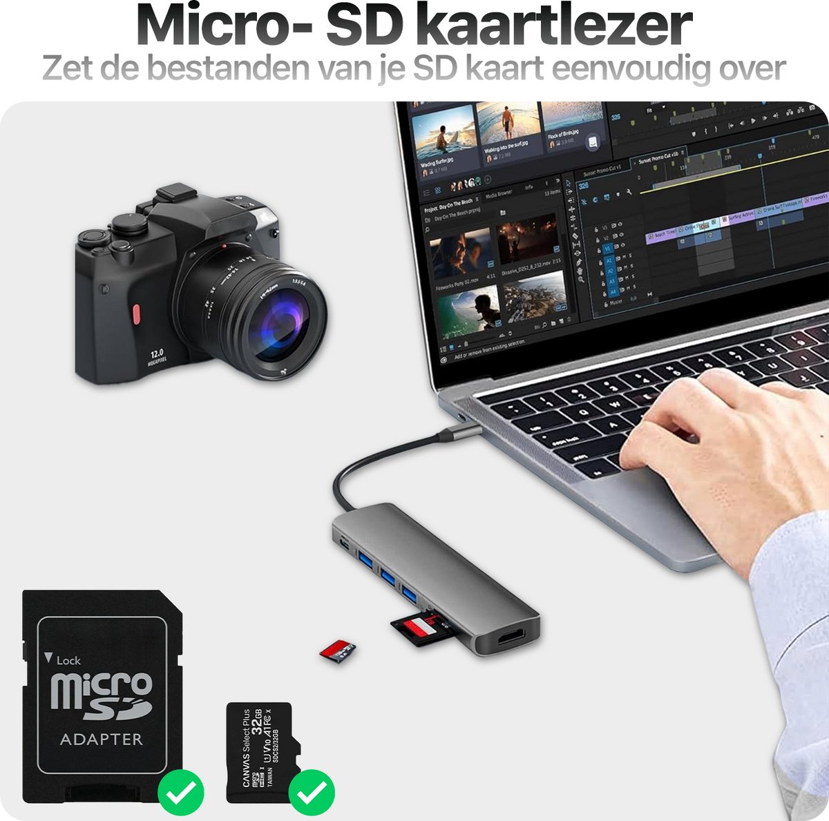 USB C Hub 7-in-1 met HDMI 4K, SD/Micro SD kaartlezer, 3x USB 3.0, 100W opladen, aluminium docking station - Afbeelding 4