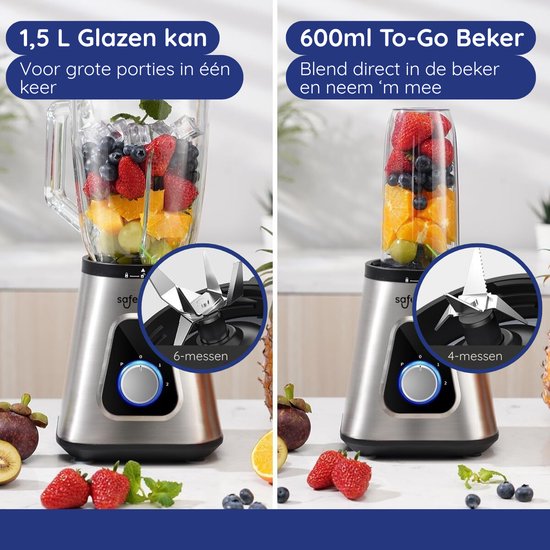 Blender met een 1.5L kan vol fruit en een 600ml beker met fruit. Mes units getoond.