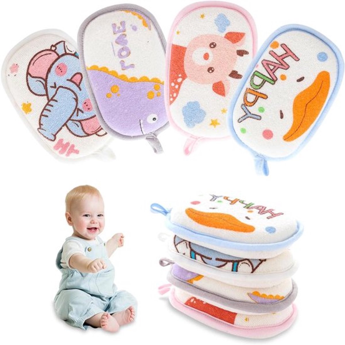 Washandjes Babybadspons - 4 Stuks - Cartoon Design | Kindersponsjes voor Badplezier | Douchespons voor Kinderen met Sterke Wateropname