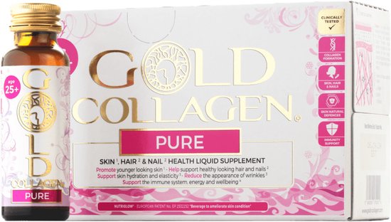 GOLD COLLAGEN® PURE - 5000 mg gehydrolyseerd marien peptiden collageen/50 ml - Type I en III – 11 actieve ingrediënten -Suikervrij -Lekkere smaak -Nr 1 wereldwijd -Europese patenten - 20x snellere absorptie dan poeders - Health boost beauty