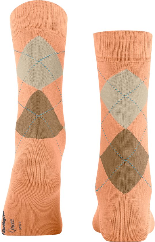 Achterkant oranje Burlington Queen sokken met ruitpatroon in bruin en beige.