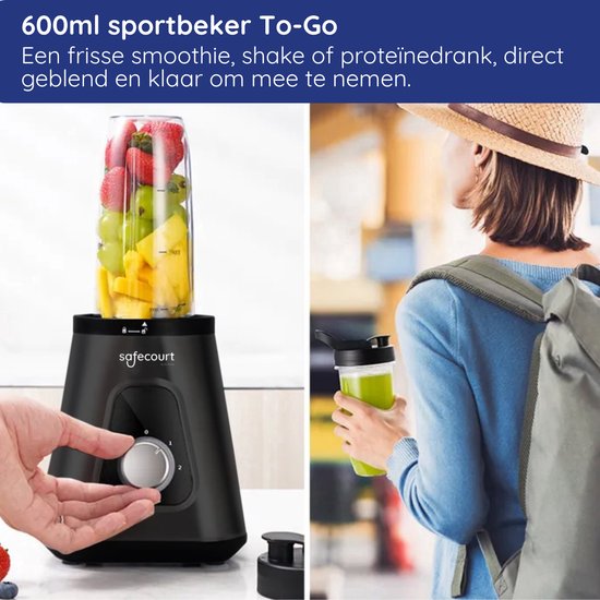 Safecourt Kitchen Blender - 1,5L Glas & 600ml To-Go beker - 1300W Smoothie maker - Krachtig, stil en eenvoudige reiniging