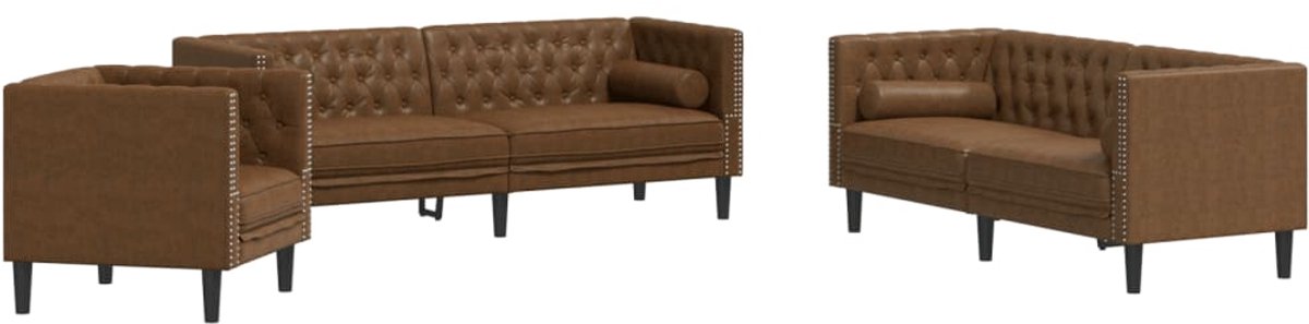 vidaXL 3-delige - Loungeset - Chesterfield - met - bolsters - kunstsuède - bruin