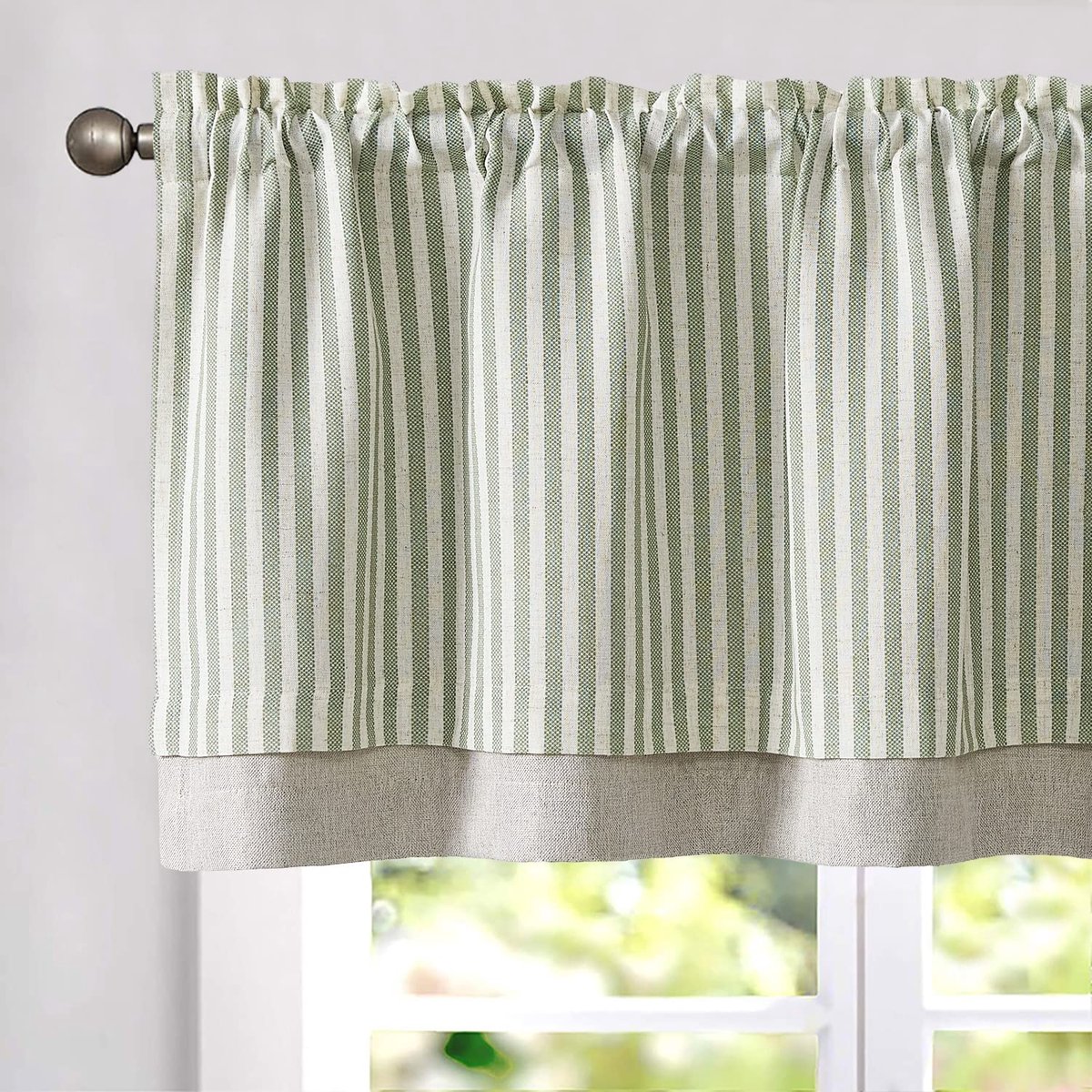Ibenzoa Dubbellaags Linnen Keuken Gordijn Gestreept Groen 125x45cm – Landelijk & Bistro Stijl