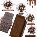 Bruine siliconen chocoladevorm. Met afbeeldingen van 100% voedselveilige siliconen, BPA-vrij, hittebestendig en makkelijk schoon te maken.
