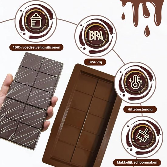 Bruine siliconen chocoladevorm. Met afbeeldingen van 100% voedselveilige siliconen, BPA-vrij, hittebestendig en makkelijk schoon te maken.