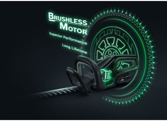 Grafische weergave van een heggenschaar met de tekst 'Brushless Motor'.