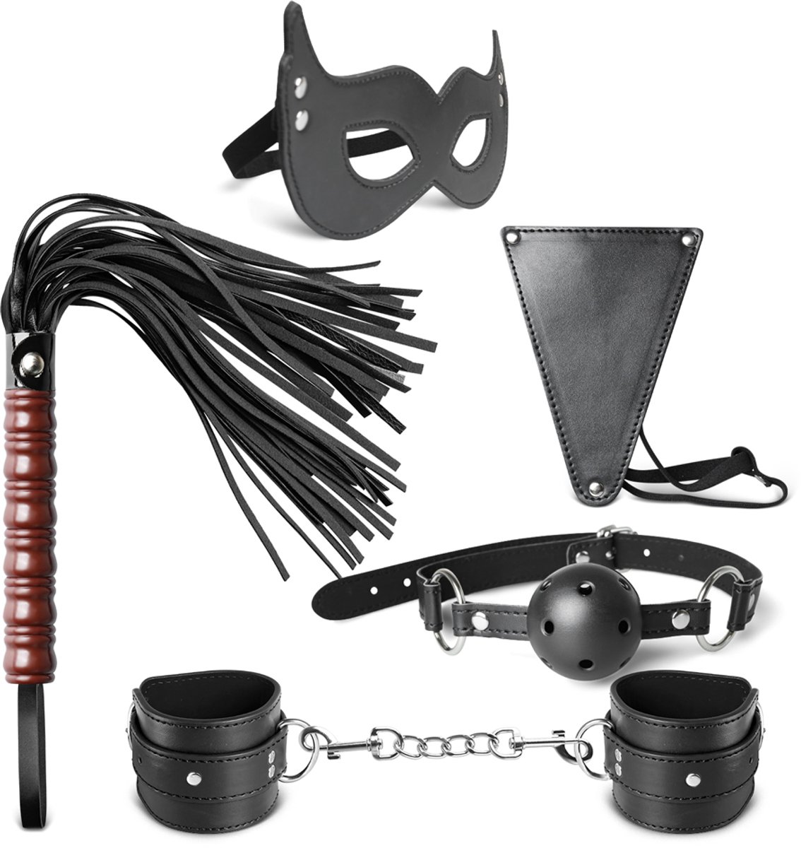 5-Delige Luxe BDSM Set met Masker, Boeien en Accessoires - Zwart Leder Look
