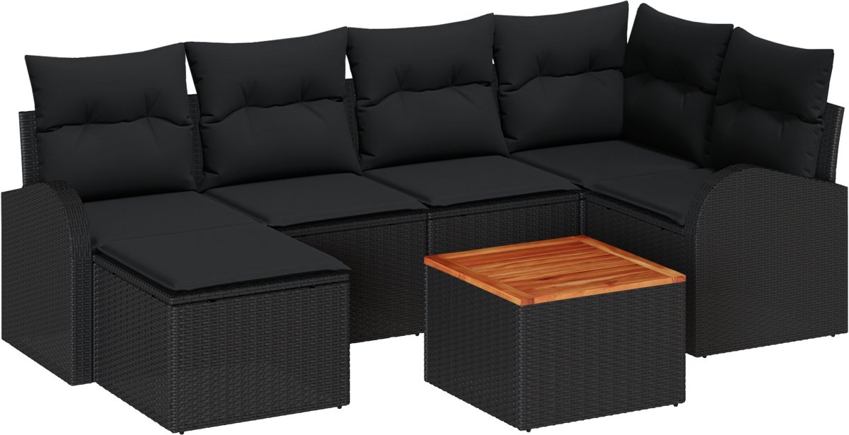 vidaXL - Tuinbank - Set - met - kussen - 7 - pcs - Zwart - poly - rattan