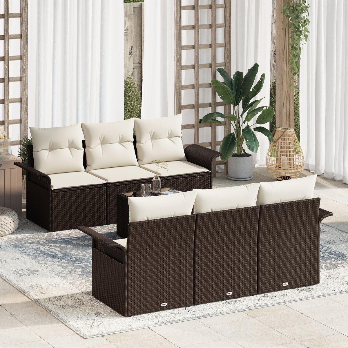 vidaXL - Tuinbank - Set - met - kussen - 7 - pcs - Bruin - poly - rattan