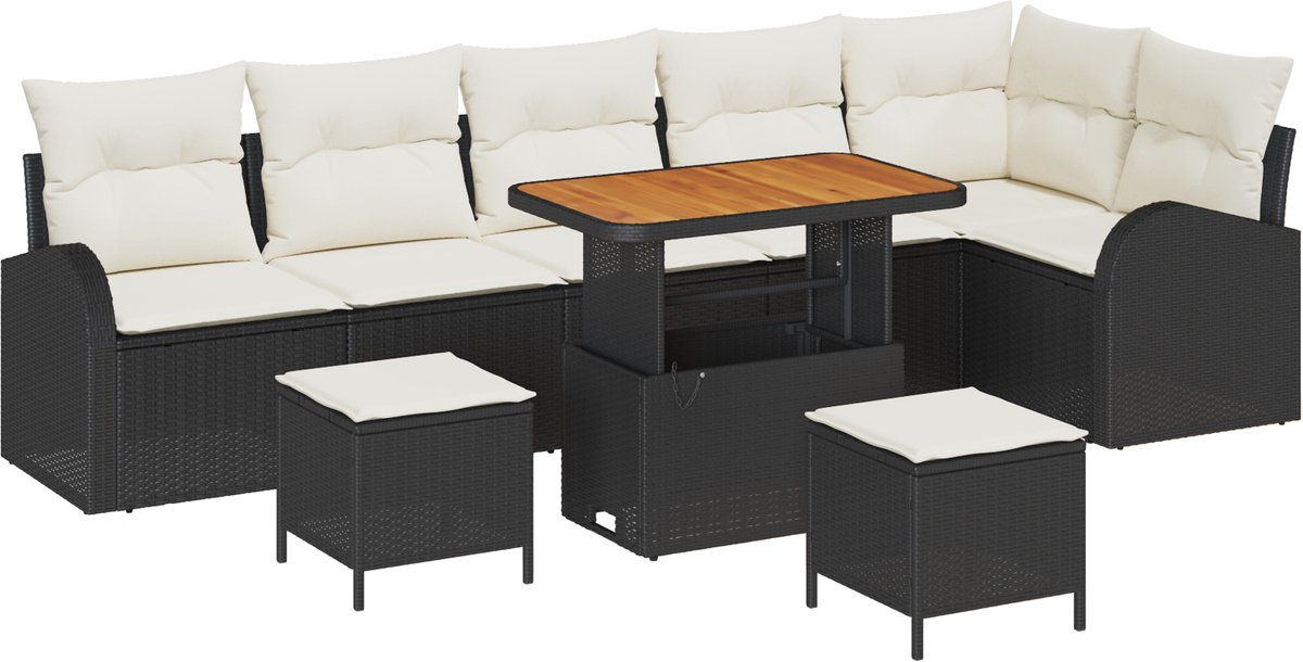 vidaXL - Tuinbank - Set - met - kussen - met - opslag - 9 - pcs - Zwart - en - Crème