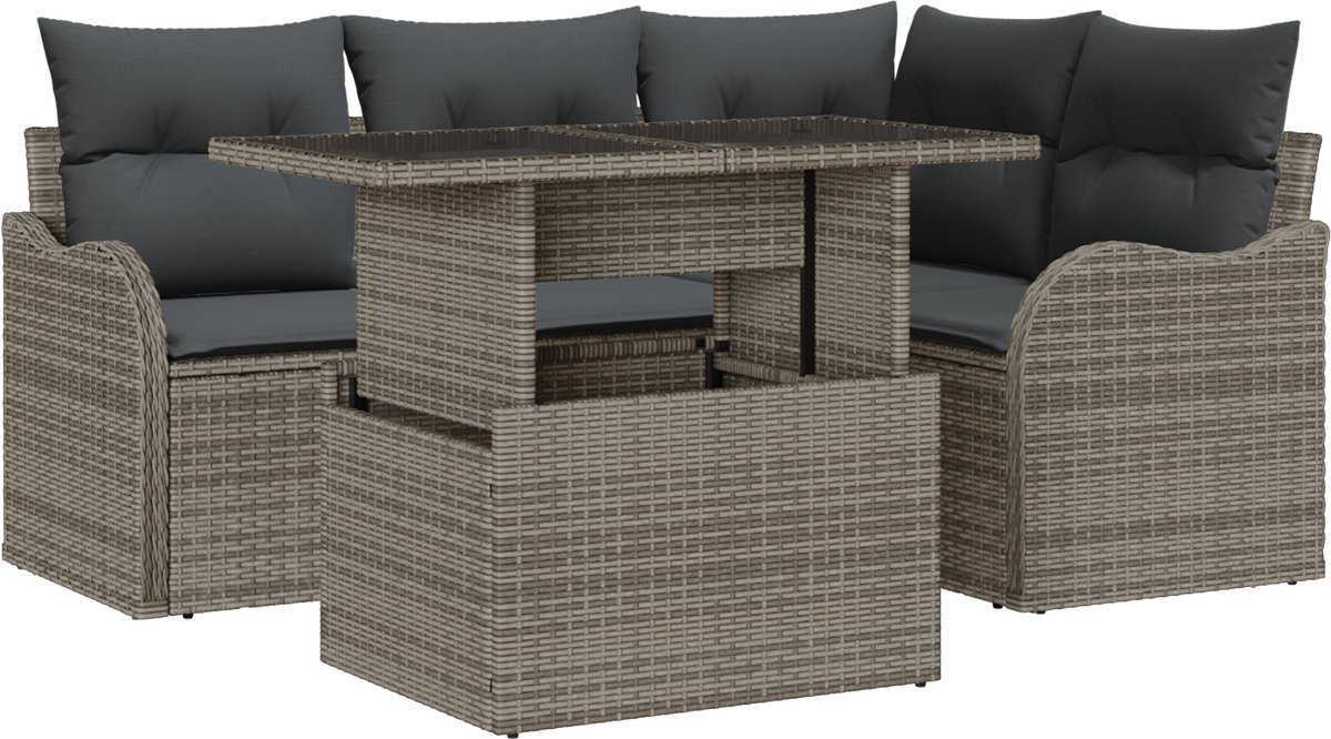vidaXL - Tuinbank - Set - met - kussen - met - kussen - 5 - pcs - Grijs - Poly - Riet