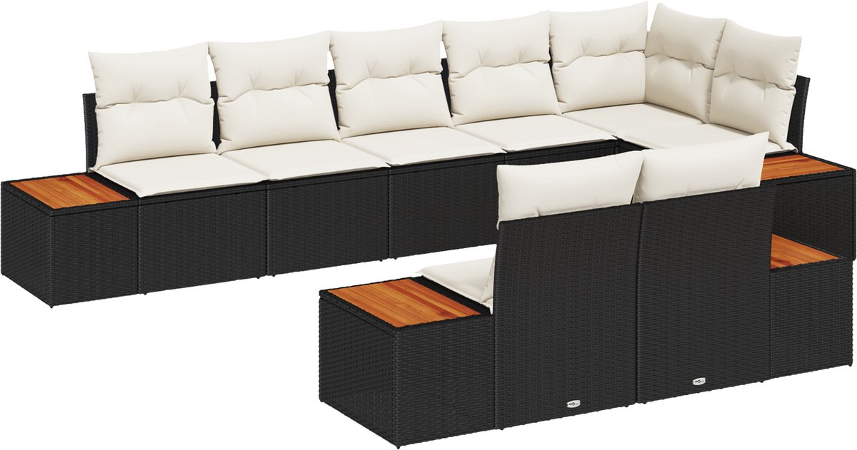 vidaXL - Tuinbank - Set - met - kussen - 8 - pcs - Zwart - Poly - rattan