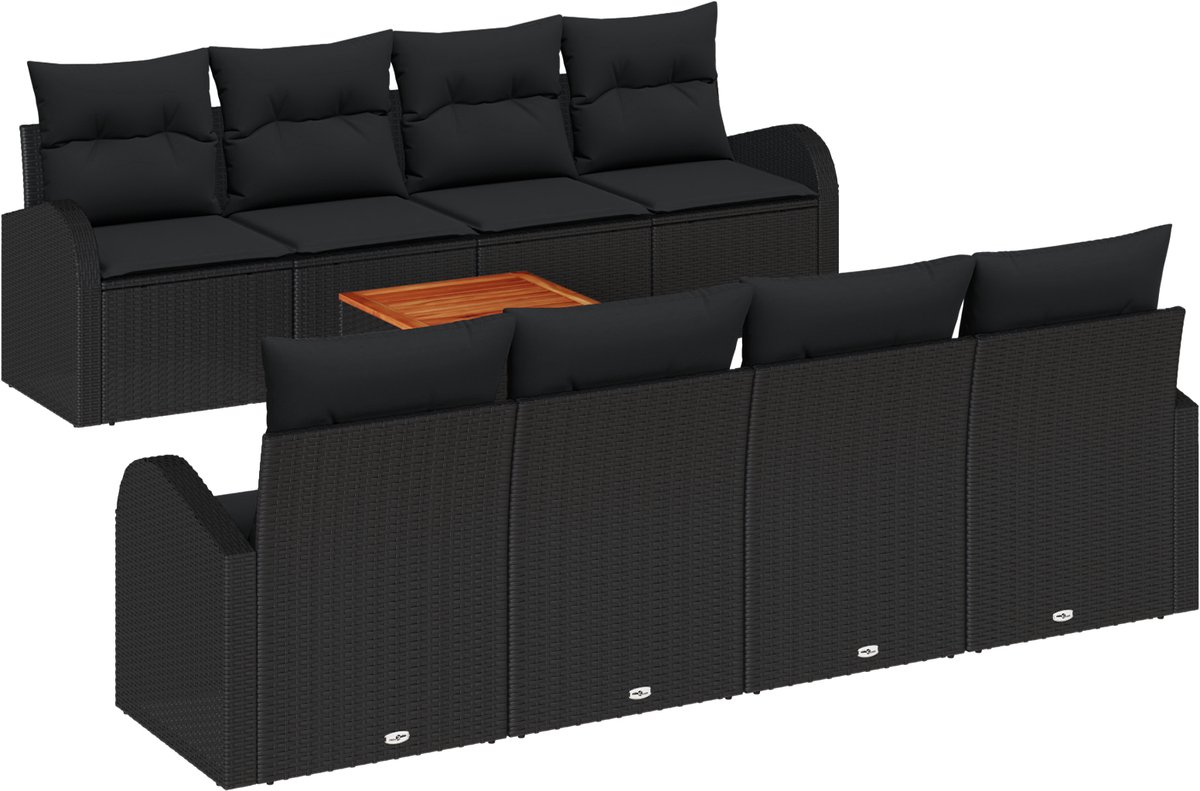 vidaXL - Tuinbank - Set - met - kussen - 9 - pcs - Zwart - poly - rattan