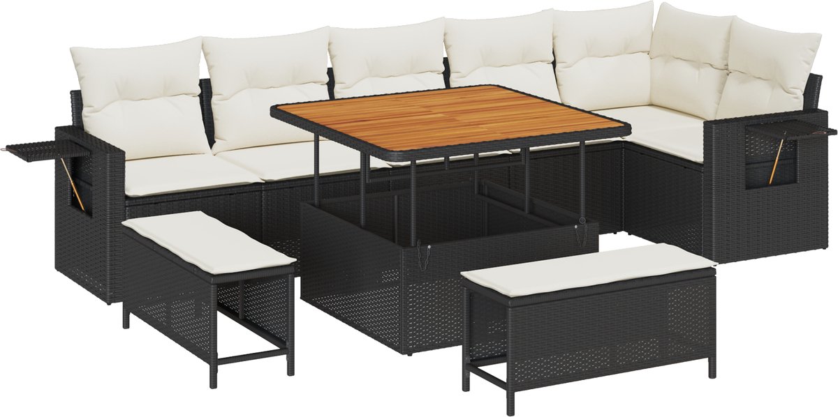 vidaXL - Tuinbank - Set - met - kussen - 11 - pcs - Zwart - en - Crème - poly - rattan