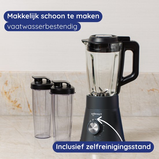 Safecourt Kitchen Power Blender - 1,5L Glas & 2x 600ml To-Go beker - 1300W Smoothie maker - Krachtig, stil en eenvoudige reiniging - RVS