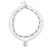 Marama - Double Chain Beach Wit - perles naturelles - look estival - étoile de mer - coquillage - plaqué argent - avec rallonge