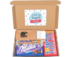 Vaderdag brievenbus pakket - Je bent een Superpapa - cadeau pakketje door de brievenbus - Tony Chocolonely melk - Milka Oreo - Mentos Fanta - Drop
