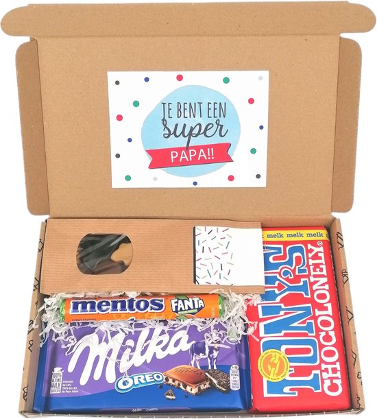 Vaderdag brievenbus pakket - Je bent een Superpapa - cadeau pakketje door de brievenbus - Tony Chocolonely melk - Milka Oreo - Mentos Fanta - Drop