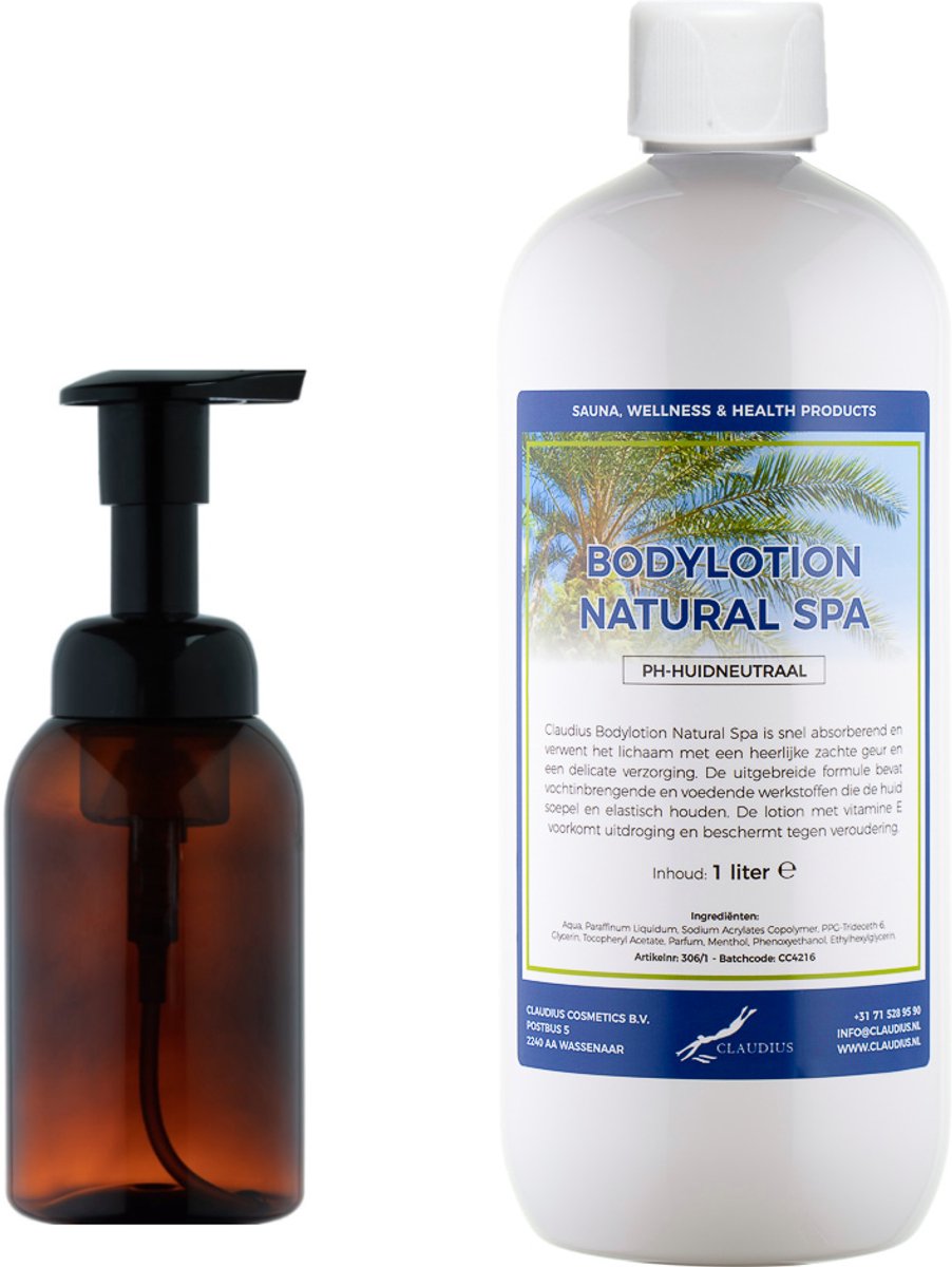 Zeepdispenser 300 ml amber bruin hervulbaar + 1 liter Bodylotion Natural Spa navulling