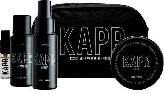 KAPR set met flesjes, blik, toilettas, en textiel.