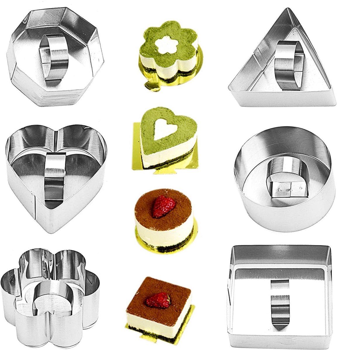 Ibenzoa® Complete Set van 6 Roestvrijstalen Dessertringen met Perslifter en Persplaat voor Diverse Desserts en Taarten