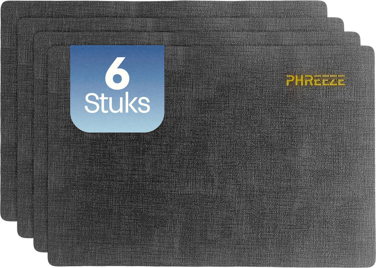 Phreeze Grote Placemat met Luxe Design - 6 Stuks - Wasbaar - Dubbelzijdige Placemats - Kunststof - Donker Grijs