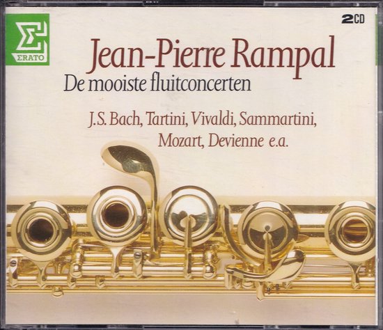 CD-hoes met de tekst 'Jean-Pierre Rampal De mooiste fluitconcerten' en een close-up van een gouden dwarsfluit.