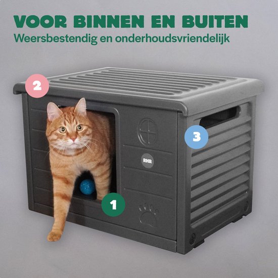 RHRQuality Kattenhuis - Villa de Luxe – Voor Binnen & Buiten – Weersbestendig & Verplaatsbaar – Met XL Ingang (22x26 cm) – Donker Grijs