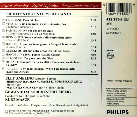Achterkant van het album met de tracklist van 'Eighteenth-Century Bel Canto' door Elly Ameling en Philips.