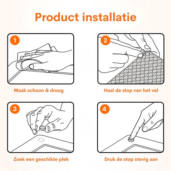 Instructies in vier stappen voor het installeren van deurschoenen: schoonmaken, verwijderen, plaatsen en aandrukken.