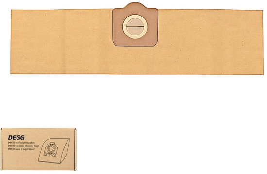 Bruine stofzuigerzak van papier met een rond montagedeel en een kartonnen doosje met DEGG logo.