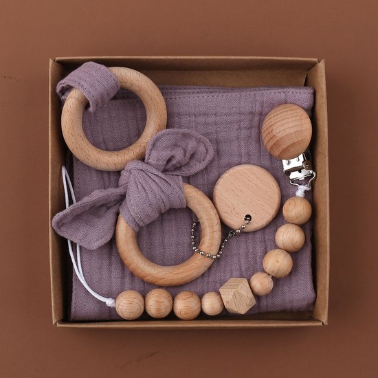 Baby Geschenkset - 3-delige set - Kraamcadeau - babyshower- gender reveal - Unisex baby cadeau - kraamvisite- jongen - meisje - giftset - bijtring - doorkomende tandjes - speenkoord - speenketting - knuffeldoekje - Paars