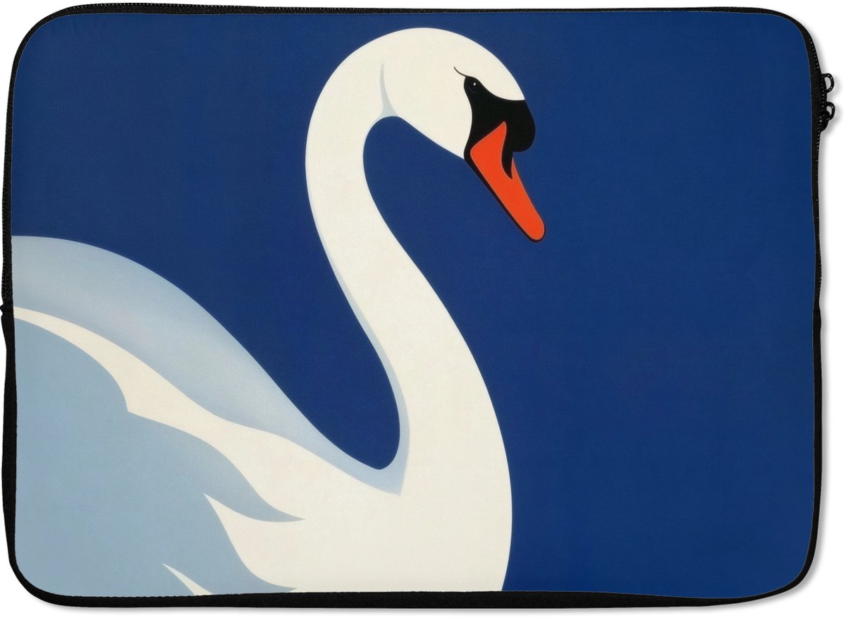 Laptophoes 13 inch - Zwaan - Wit - Snavel - Illustratie - Laptop sleeve - Binnenmaat 32x22,5 cm - Zwarte achterkant