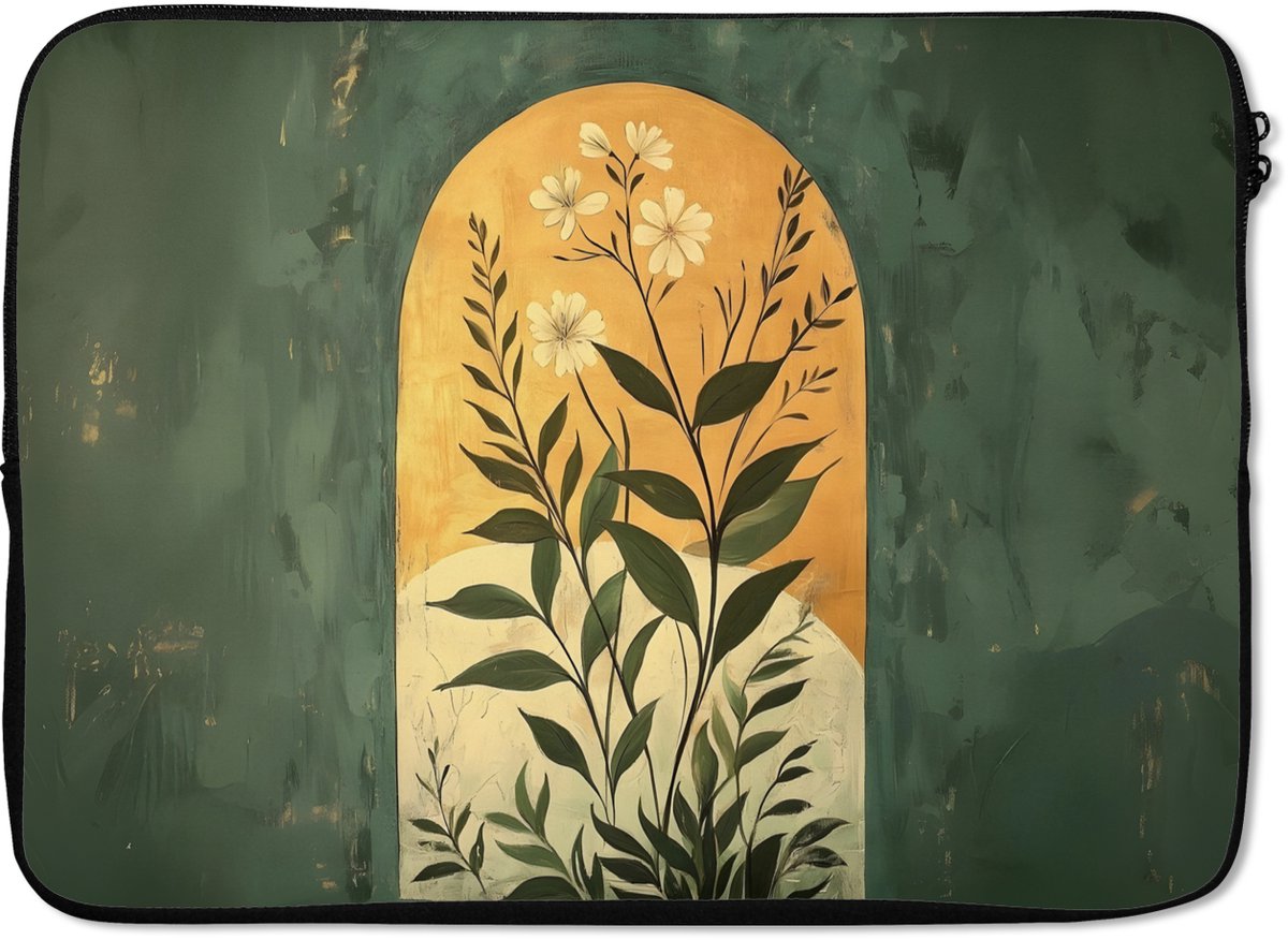 Laptophoes 14 inch - Plant - Bloemen - Wit - Laptop sleeve - Binnenmaat 33x23 cm - Zwarte achterkant