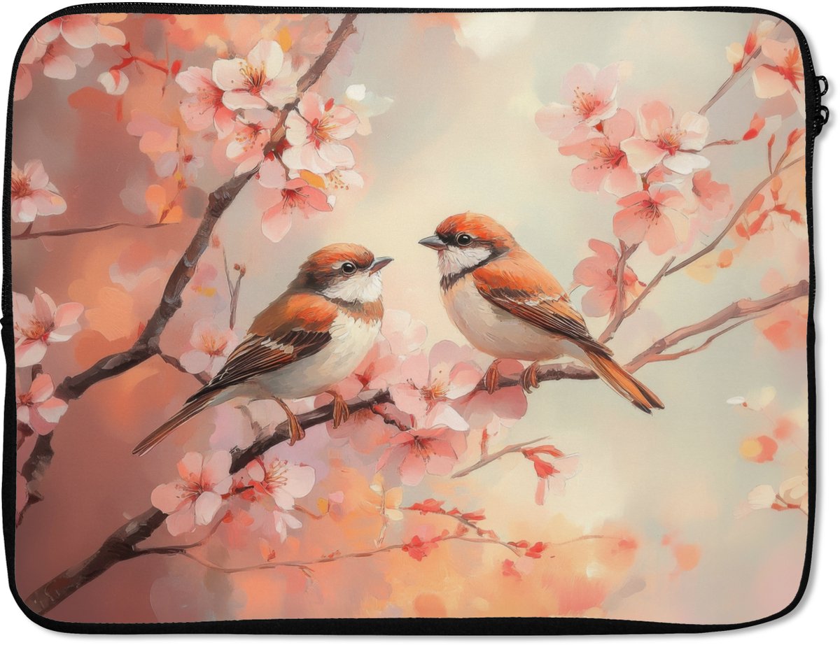 Laptophoes 15.6 inch - Vogels - Romantic - Bloesemtak - Laptop sleeve - Binnenmaat 37x26 cm - Zwarte achterkant