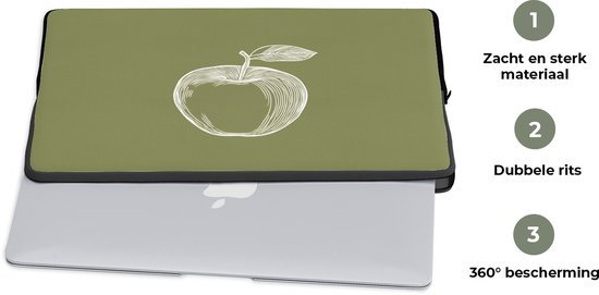 Laptophoes 17 inch - Lijntekening - Appel - Olijfgroen - Blaadje - Laptop sleeve - Binnenmaat 41x28 cm - Zwarte achterkant
