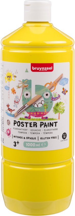 Bouteille de peinture gouache jaune Bruynzeel, 1000 ml. L'étiquette montre des dessins d'enfants, des ciseaux et un pinceau.