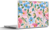 Sticker pour ordinateur portable - 14 pouces - Blauw - Rose - Fleurs - 32x5x23x5cm - Autocollants pour ordinateur portable - Skin pour ordinateur portable - Housse