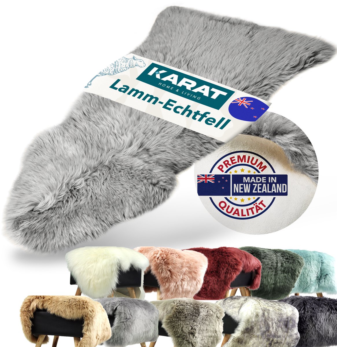 FLOORDIREKT Audrey Schapenvacht - Gecertificeerde Topkwaliteit - Kan Afzonderlijk Worden Gebruikt - ca. 90 cm - Grey