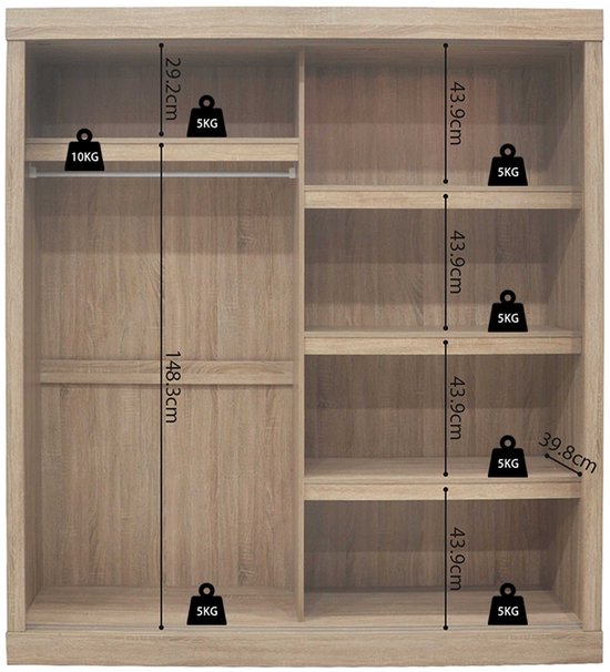 Armoire à portes coulissantes 'Mike' - Finition Sonoma | H197.5 x L182.5 x P52.5 cm - Rousseau - Armoires de chambre à coucher - Brun - MDF|Panneaux de particules - Armoires de chambre à coucher