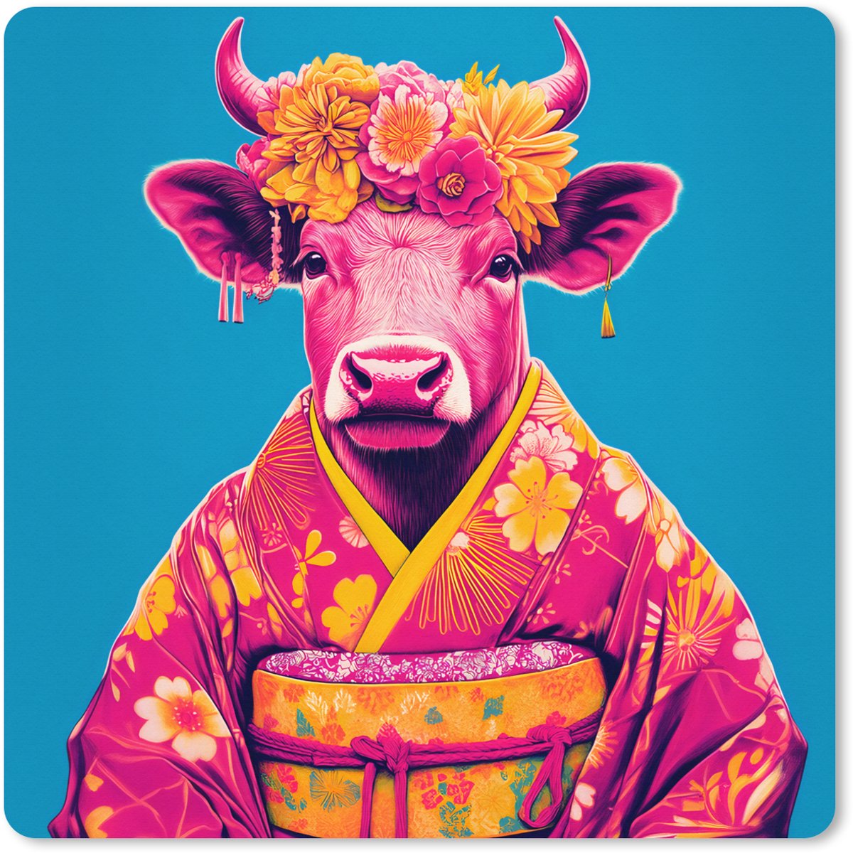 Muismat XXL 40x40 cm - Bureau onderlegger - Bureau mat Koe - Bloemenkrans - Oorhangers - Kimono - Bureaumat - Gaming mousepad xl - Bureaulegger groot - Computer deskmat