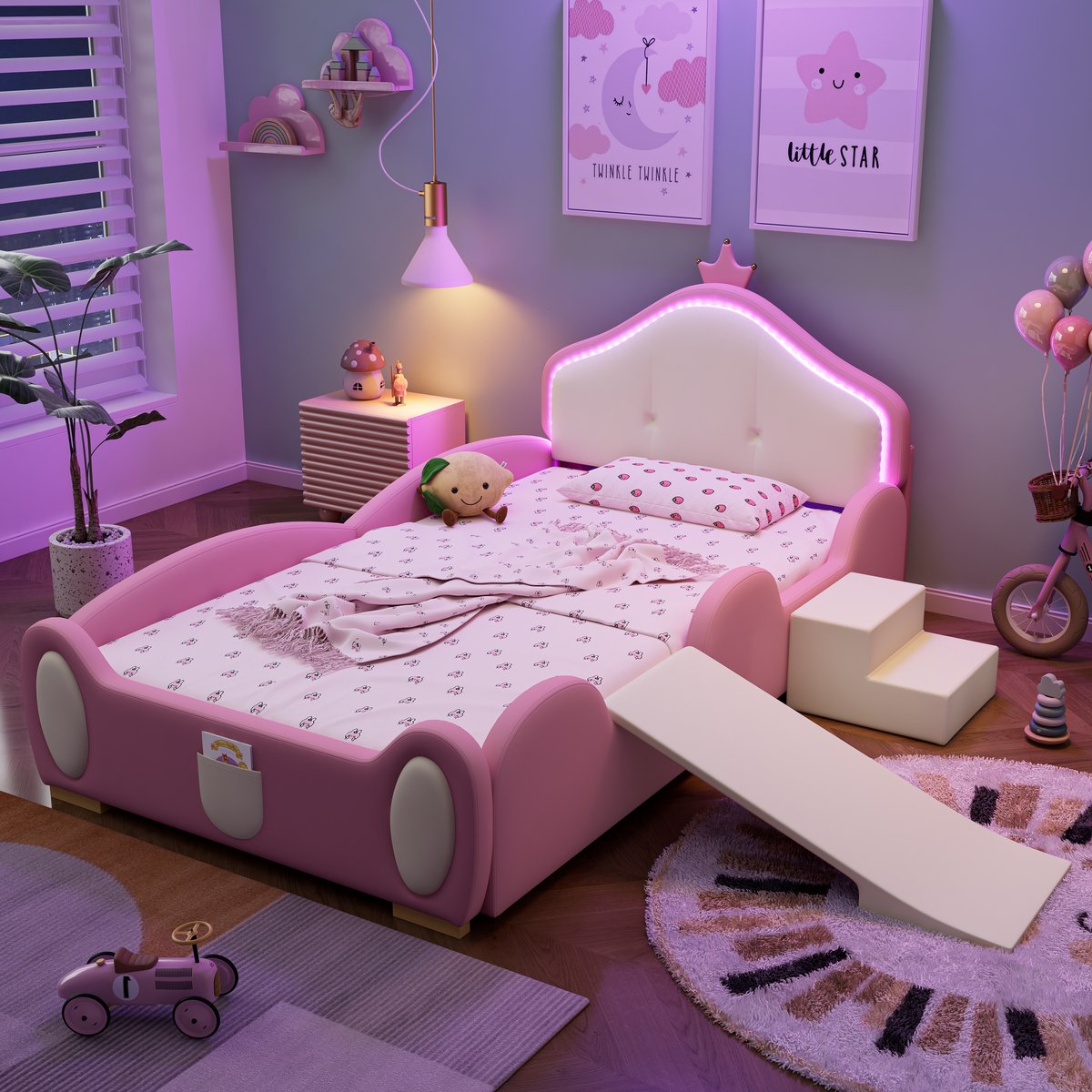 Gestoffeerd bed - Crown Cartoon bed - Met Multi-mode LED-strip - Kinderbed Met Kleine Glijbaan En Trap - Roze - 90x200cm - zonder matras