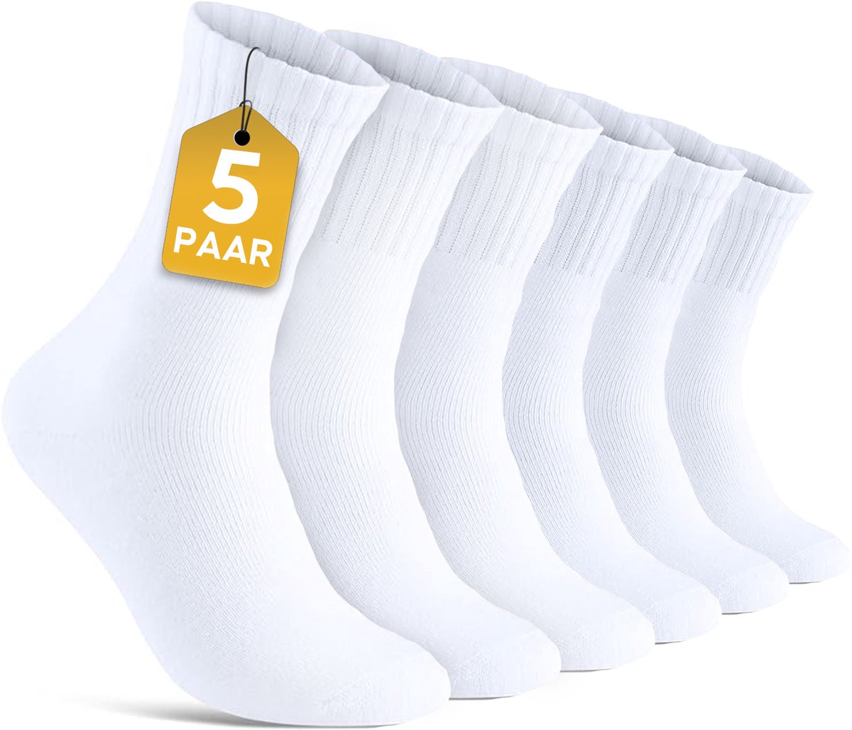 VOLQU® Sport Crew Sokken - S-BAS Series - 5 Paar - Maat 39 42 - Sokken Dames - Sokken Heren - Sportsokken - Comfortabel - Duurzaam - Premium Katoen Normale Sokken - Cadeau Voor Vrouw - Wit