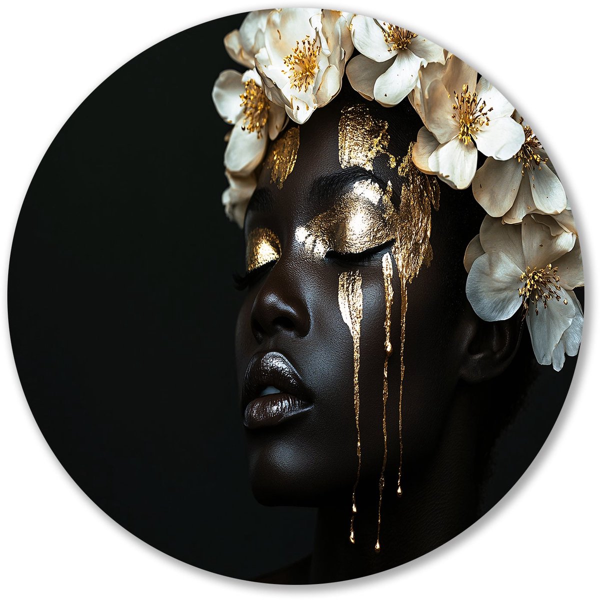 Vrouw met gouden verf en bloemen - Elegantie muurdecoratie rond - Ronde wanddecoratie vrou